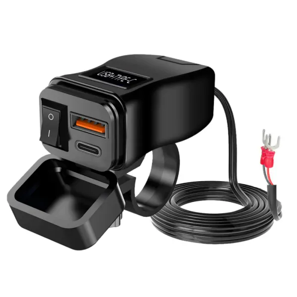 Vanntett Dual-USB QC3 48W Hurtilader 2x USB (A og C) for MC, ATV, B&aring;t m.m.