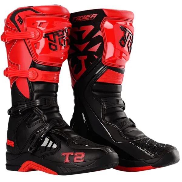 Tiger T2 KID MX-st&oslash;vel for barn, Svart/R&oslash;d med 4 klyper