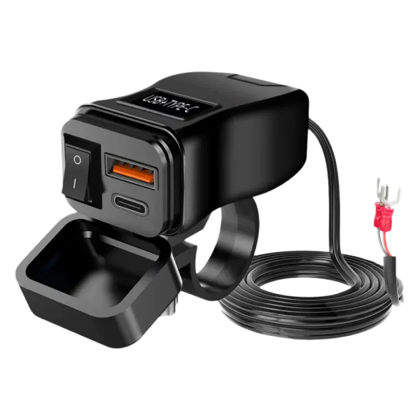 Vanntett Dual-USB QC3 48W Hurtilader 2x USB (A og C) for MC, ATV, B&aring;t m.m.